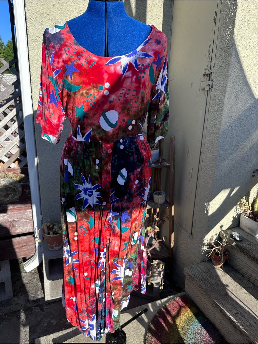 Celestial Tie Dye Planets Sun Red Abstract Floral Maxi Dress